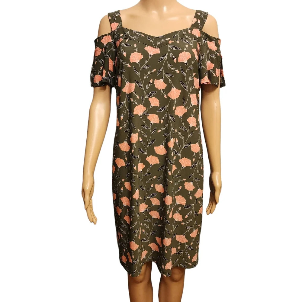 ROZ & ALI Army Green Floral Shirt Dress Size S Oversized
